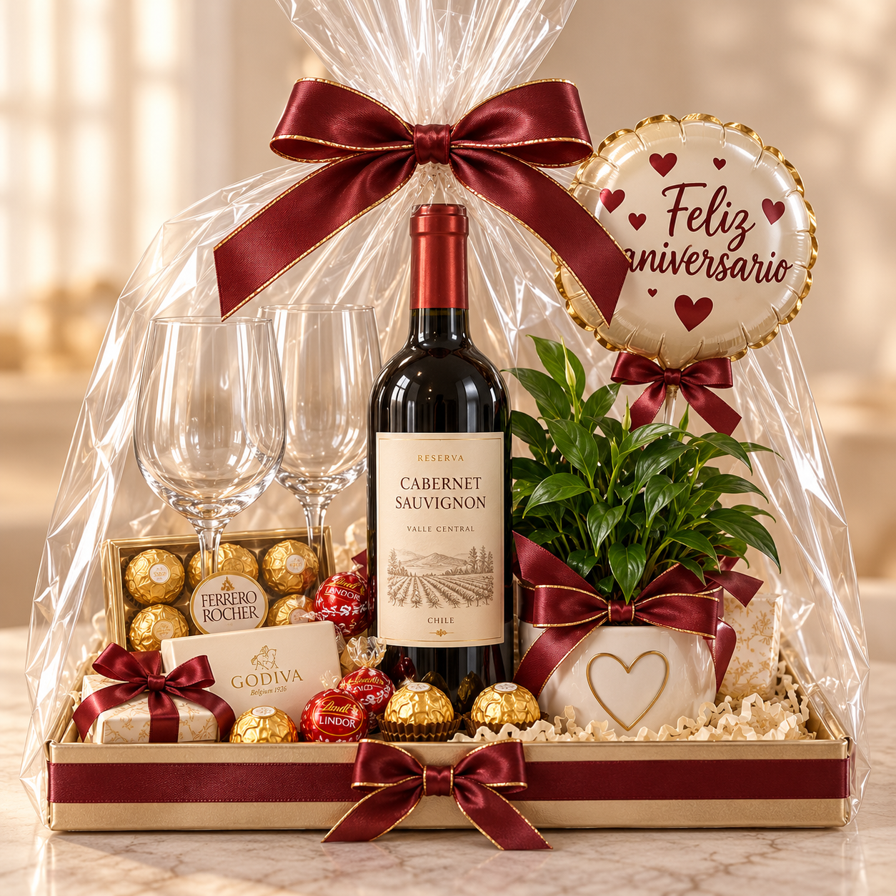 Pack romántico con vino, copas y chocolates